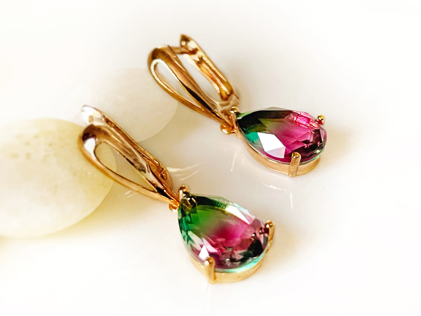 Watermelon tourmaline dangle earring, bicolor tourmaline earrings, green pink gemstone earrings, gift for her, gift for mom