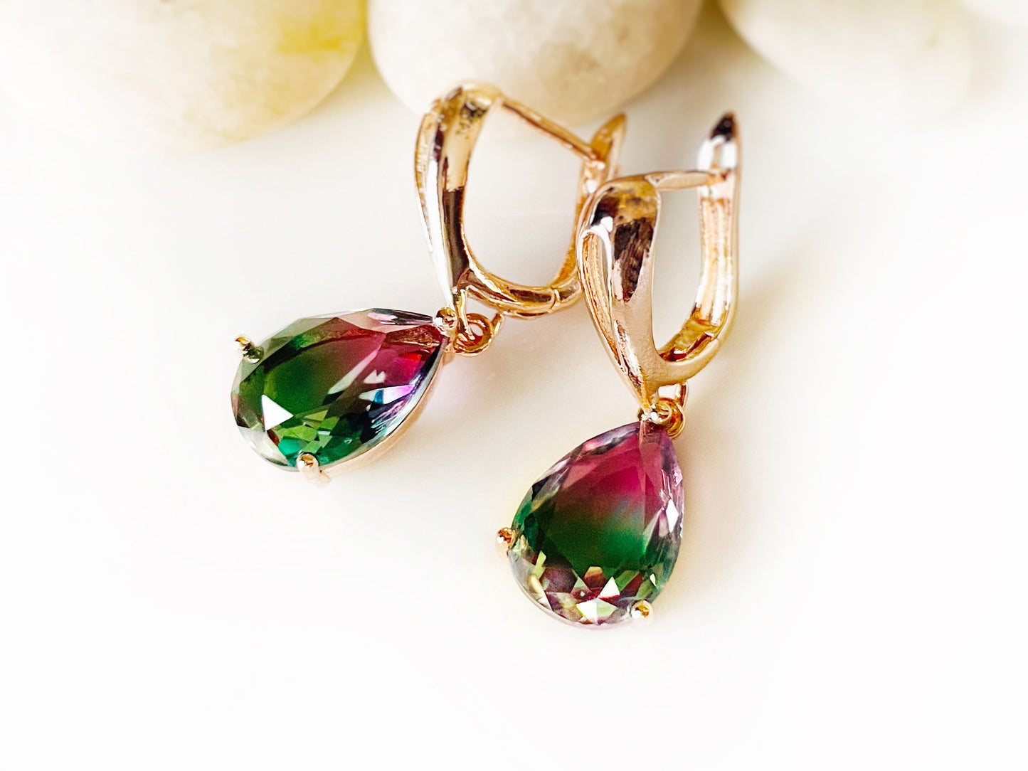 Watermelon tourmaline dangle earring, bicolor tourmaline earrings, green pink gemstone earrings, gift for her, gift for mom