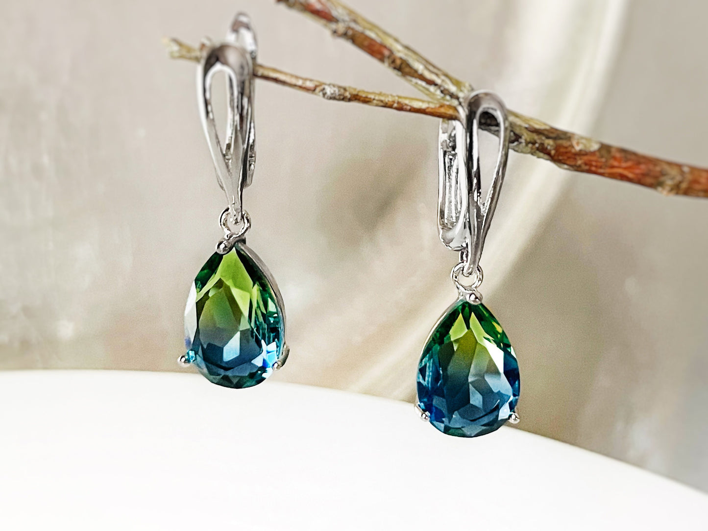 Bicolor green tourmaline dangle earrings, teardrop bicolor green blue gemstone drop earrings, gift for her, gift for mom, May birthstone