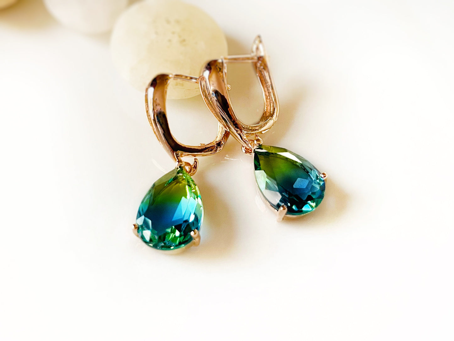 Bicolor green tourmaline dangle earrings, teardrop bicolor green blue gemstone drop earrings, gift for her, gift for mom, May birthstone