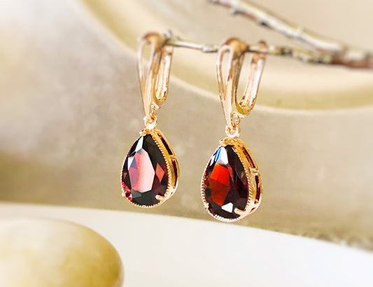 Garnet teardrop dangle earrings, large teardrop dark red gemstone earrings, red statement drop, gift for her, gift for mom, January birthday