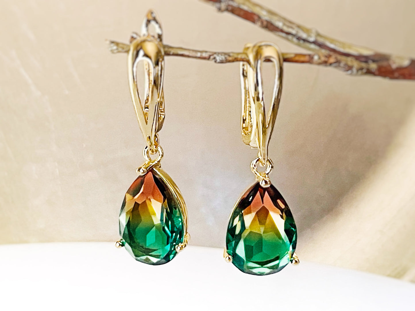 Bicolor tourmaline dangle earring, bicolor green brown tourmaline teardrop earrings, gift for her, gift for mom