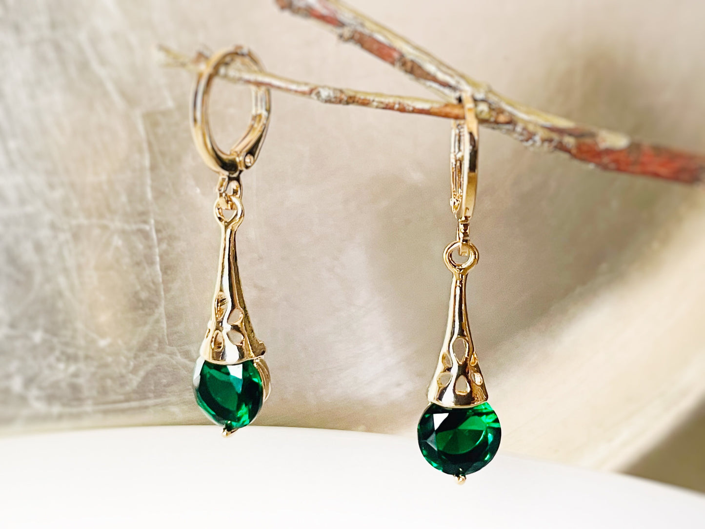 Emerald filigree dangle earrings, small green gemstone filigree drop earrings, gift for her, gift for daughter, May birthstone