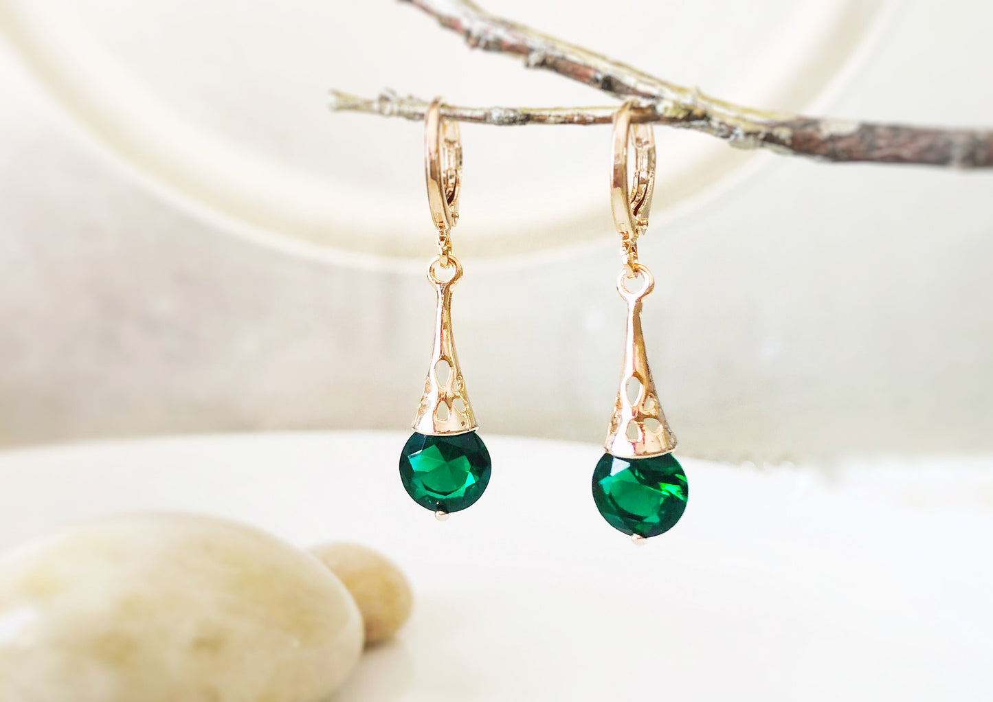 Emerald filigree dangle earrings, small green gemstone filigree drop earrings, gift for her, gift for daughter, May birthstone