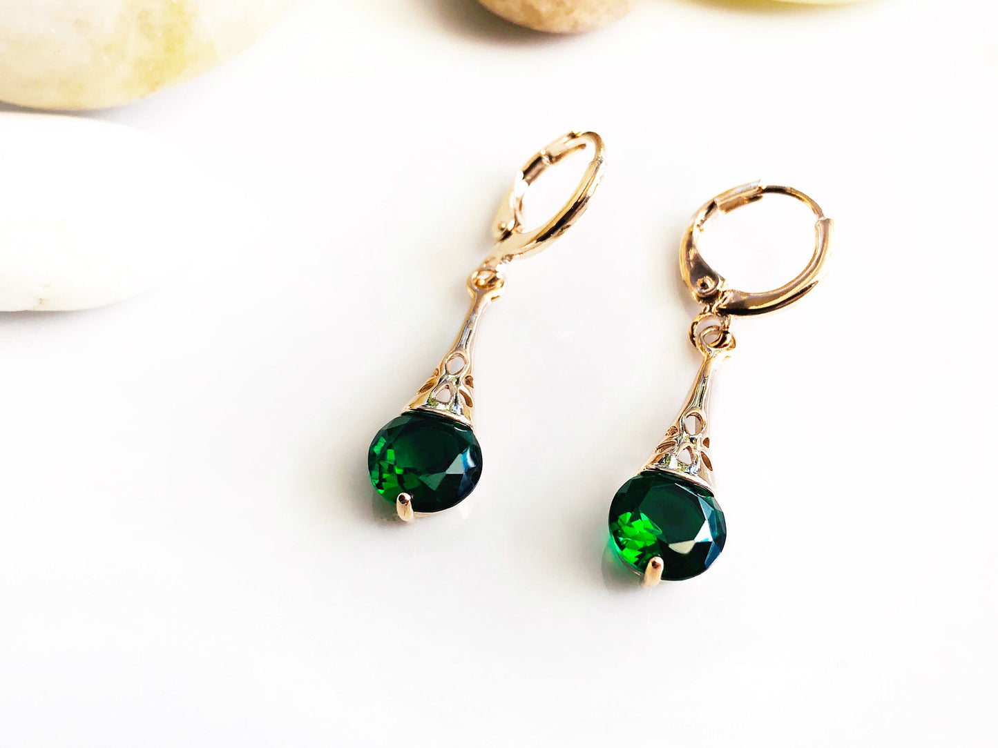 Emerald filigree dangle earrings, small green gemstone filigree drop earrings, gift for her, gift for daughter, May birthstone