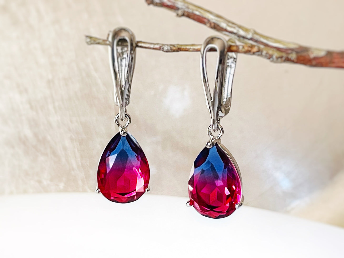 bicolor pink tourmaline dangle earrings, fuchsia pink and navy blue gradient tourmaline teardrop earrings, gift for her, gift for mom