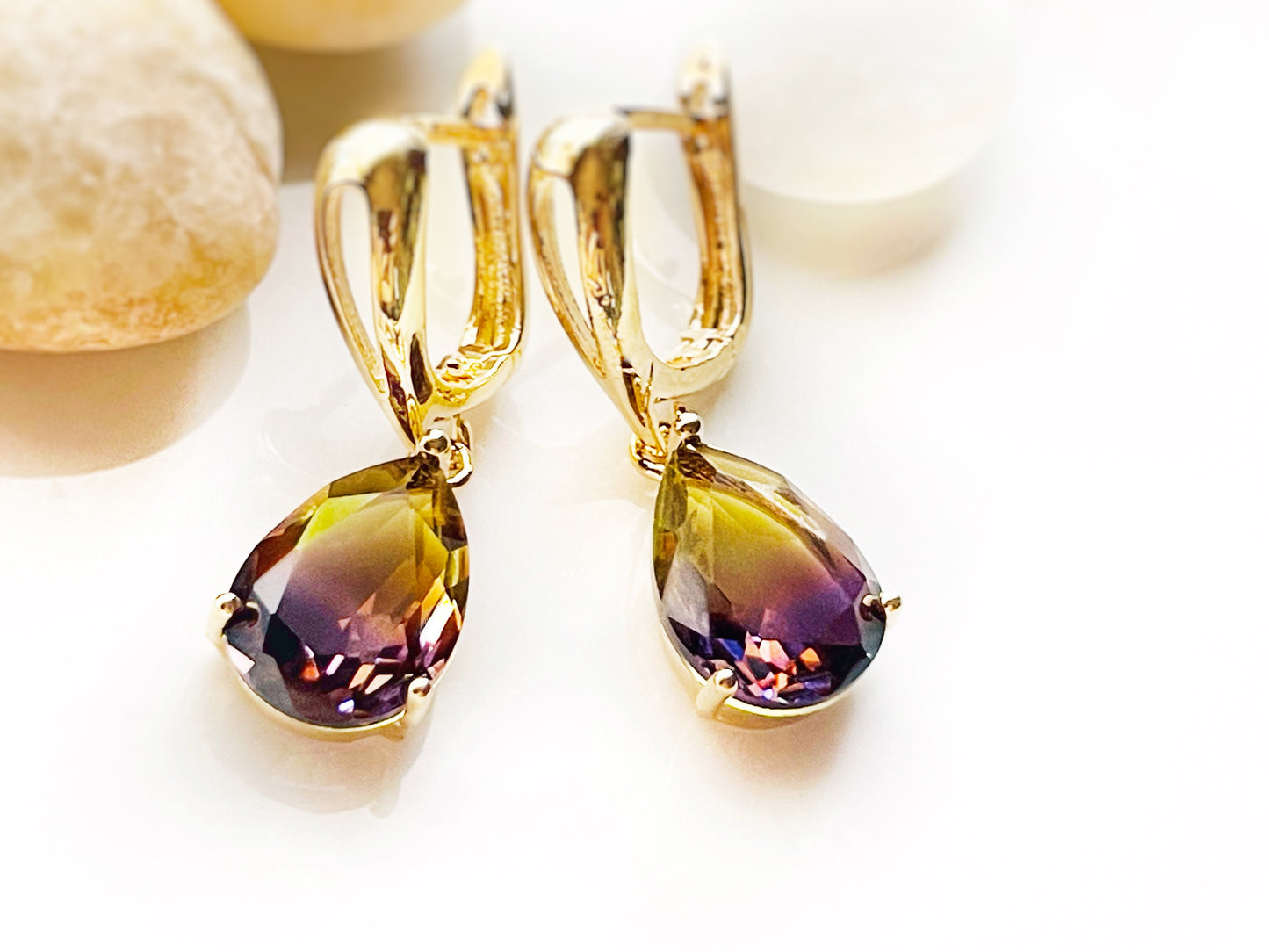 Bicolor ametrine dangle earring, yellow purple tourmaline gemstone teardrop earrings, gift for her, gift for mom, June birthstone