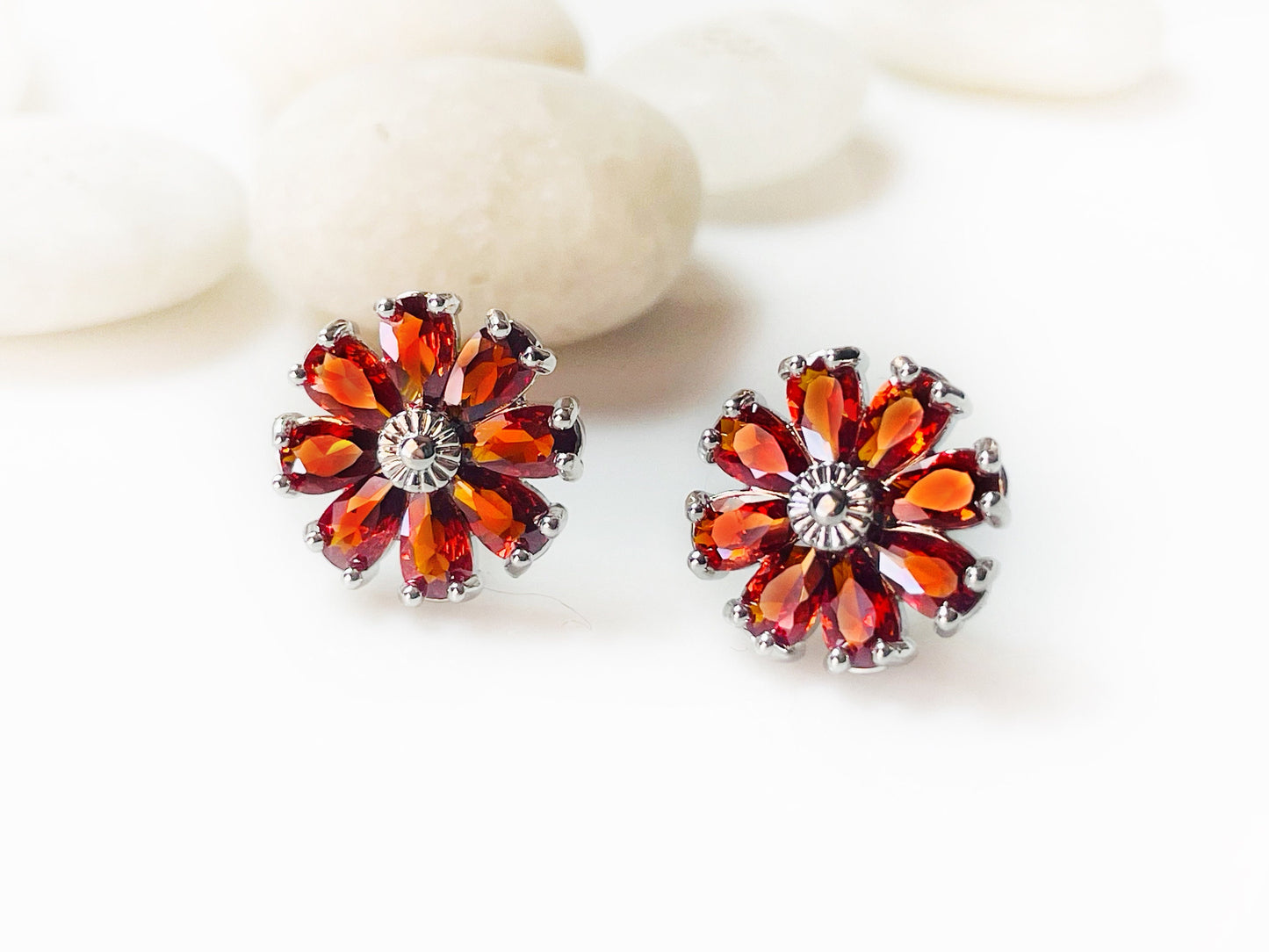 Garnet flower stud earrings 925 silver posts, red daisy flower stud earrings, January birthstone earrings, gift for mom, gift for her