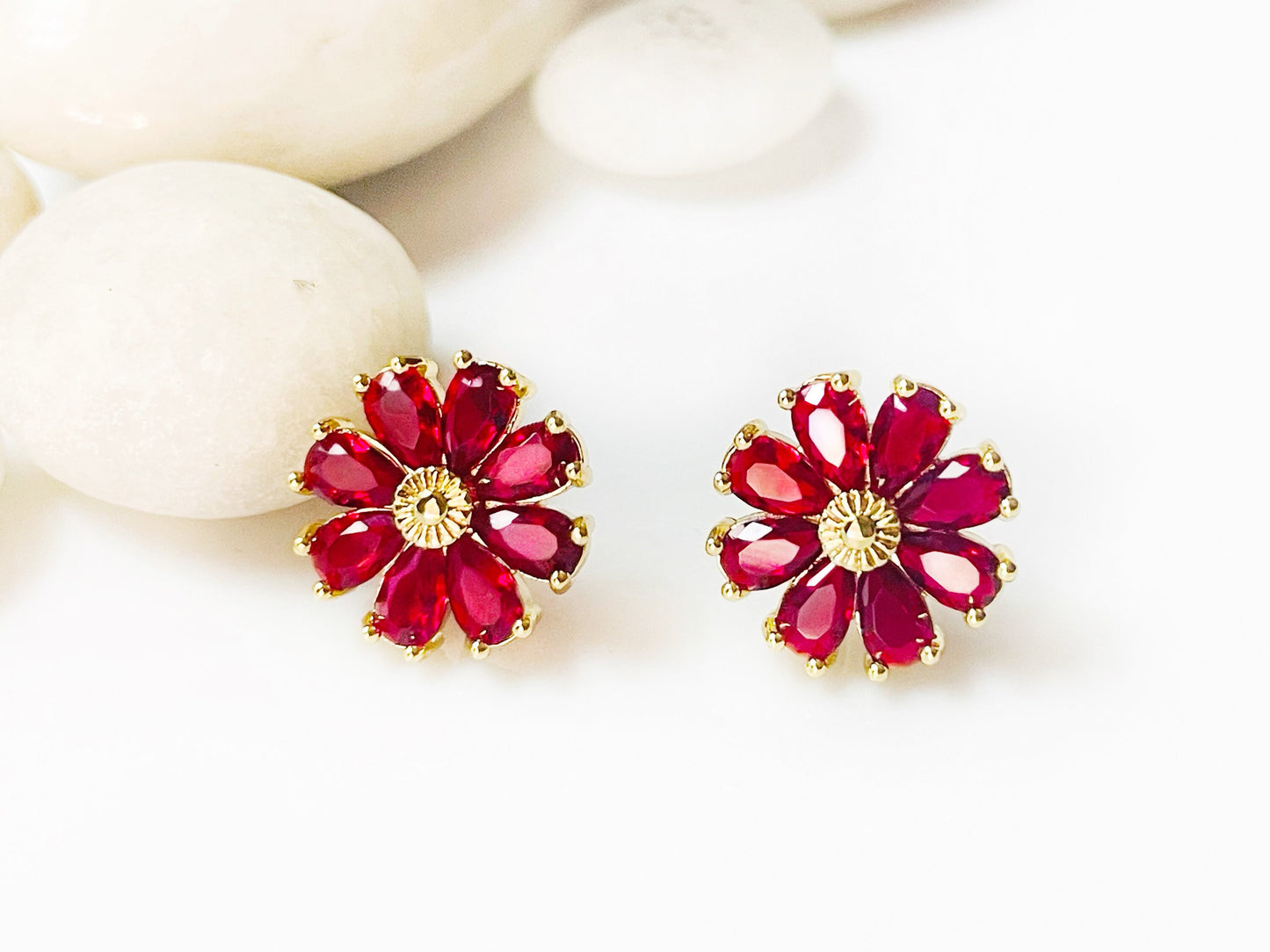 Ruby flower stud earrings 925 silver posts, red gemstone daisy flower stud earrings, July birthstone earrings, gift for mom, gift for her