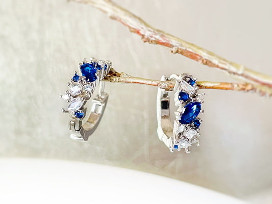 Blue white sapphire hoop earrings, small blue white gemstone classic hoops, September birthstone, gift for mom, gift for her