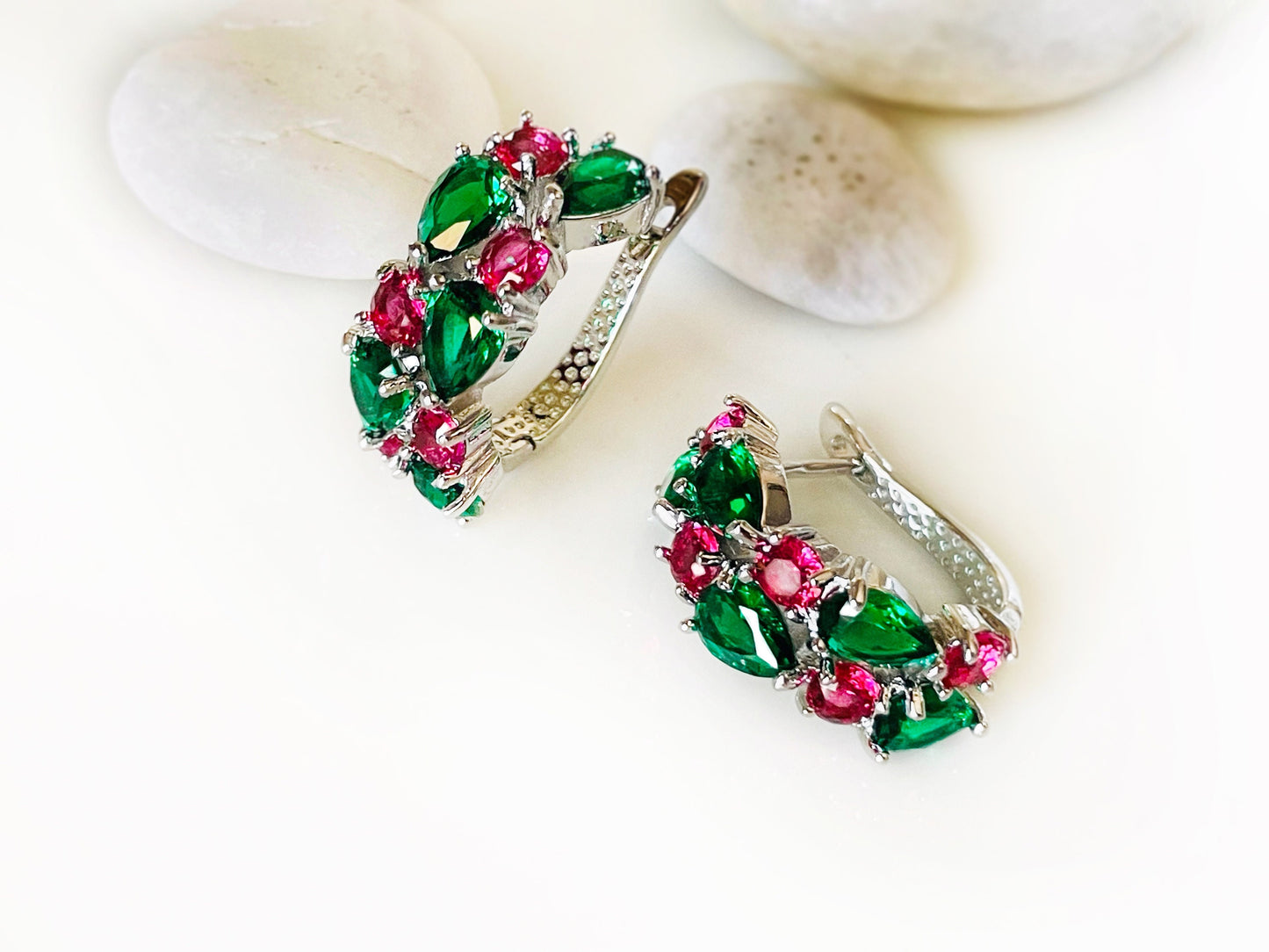 Emerald green and pink tourmaline hoop earrings,  green pink gem hoop earrings, large statement earrings, gift for mom, gift for her