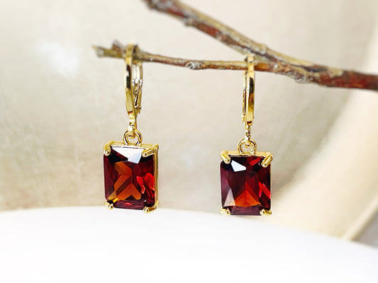 Small emerald cut garnet dangle earrings, rectangular dark red gemstone drop earrings, January birthstone, gift for her, gift for daughter