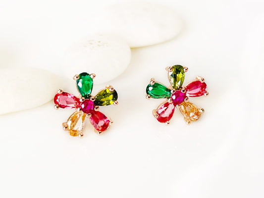 Small multicolor  flower stud earrings, rainbows tourmaline gemstone flower earrings, gift for her, gift for daughter, gift for girls