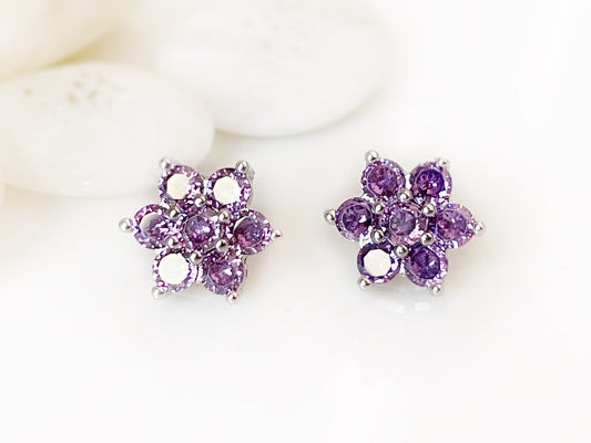 Small amethyst flower stud earrings, small purple gemstone cluster floral studs, January birthstone, gift for women, gift for girls