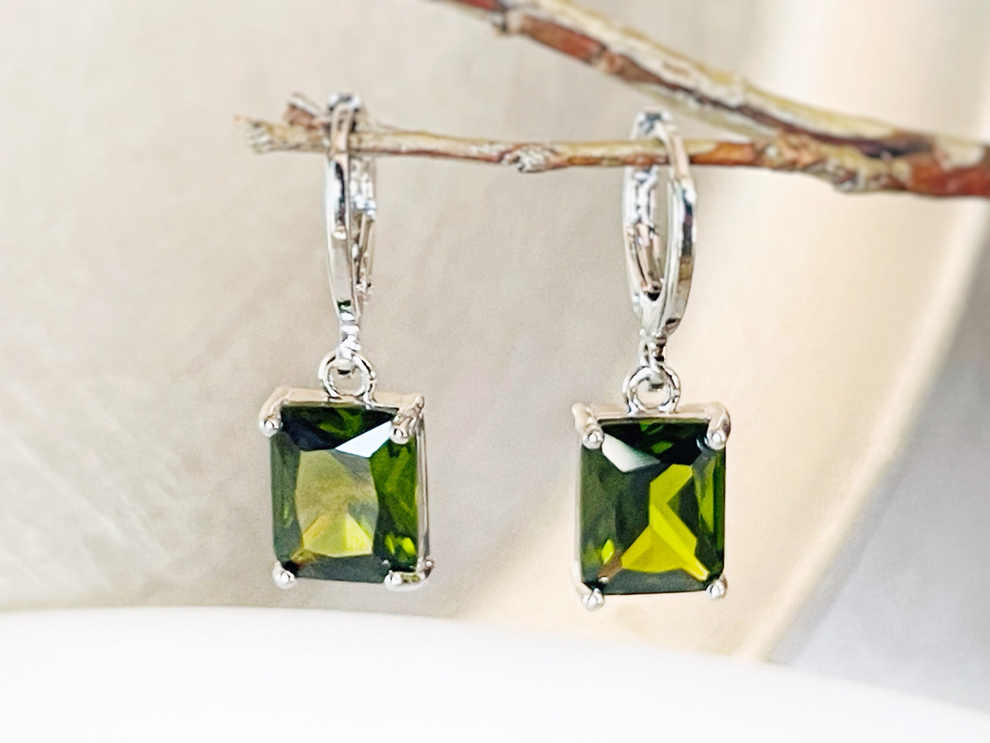 Small emerald cut peridot dangle earring, olive green rectangle gemstone drop earrings, gift for her, gift for girls, August birthstone