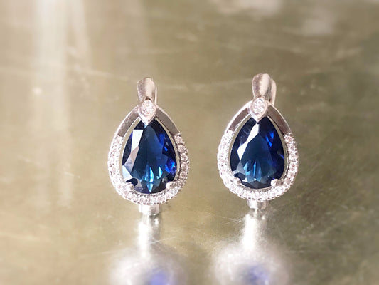 Halo sapphire leverback stud earrings, blue and white gemstone earrings, gift for her, gift for mom, September birthstone earrings