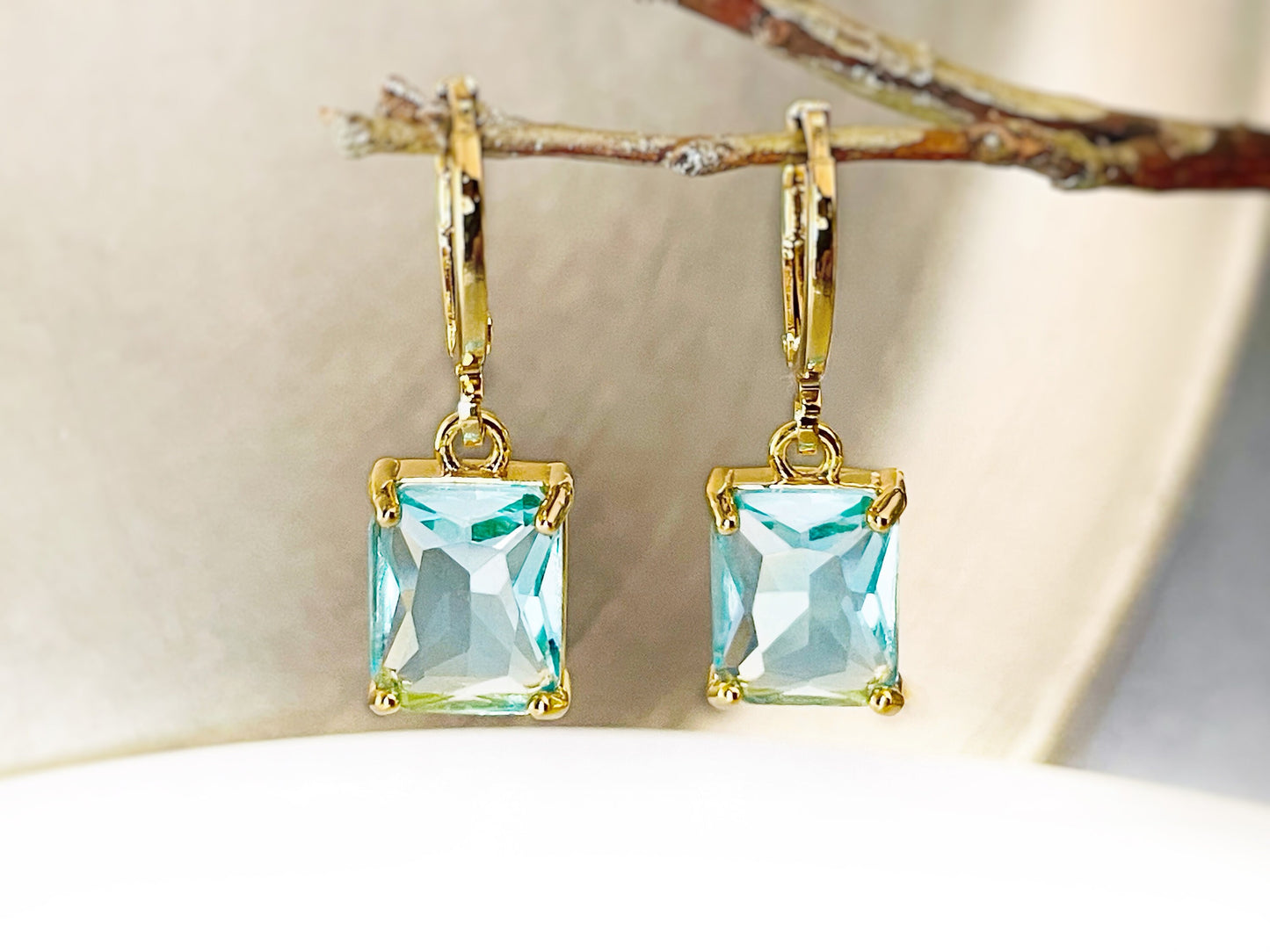 Small aquamarine emerald cut dangle earrings, light blue rectanglar gemstone drop earrings, gift for her, gift for girls, March birthstone