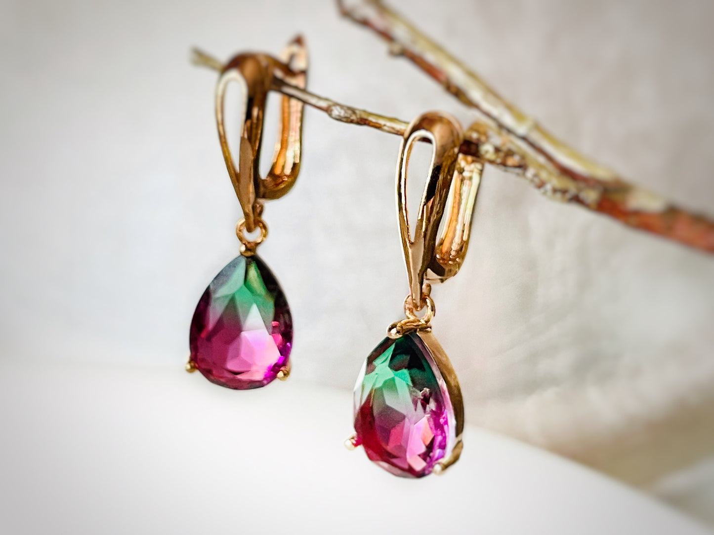 Watermelon tourmaline dangle earring, bicolor tourmaline earrings, green pink gemstone earrings, gift for her, gift for mom