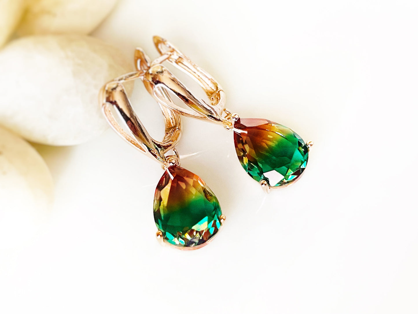 Bicolor tourmaline dangle earring, bicolor green brown tourmaline teardrop earrings, gift for her, gift for mom