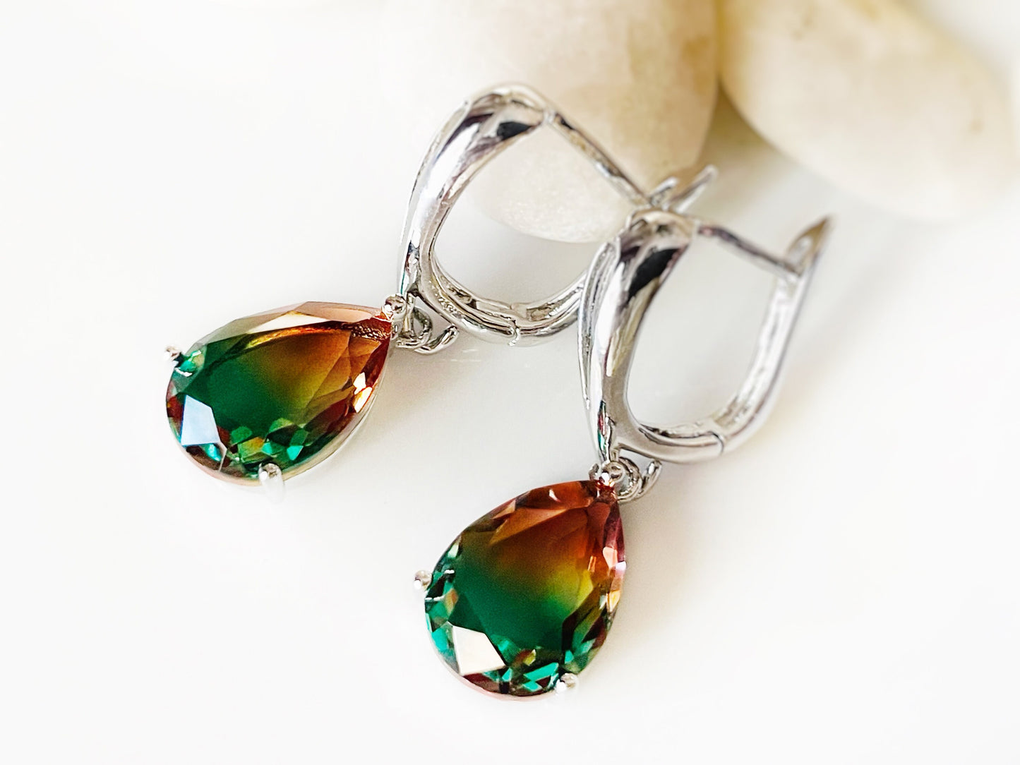 Bicolor tourmaline dangle earring, bicolor green brown tourmaline teardrop earrings, gift for her, gift for mom