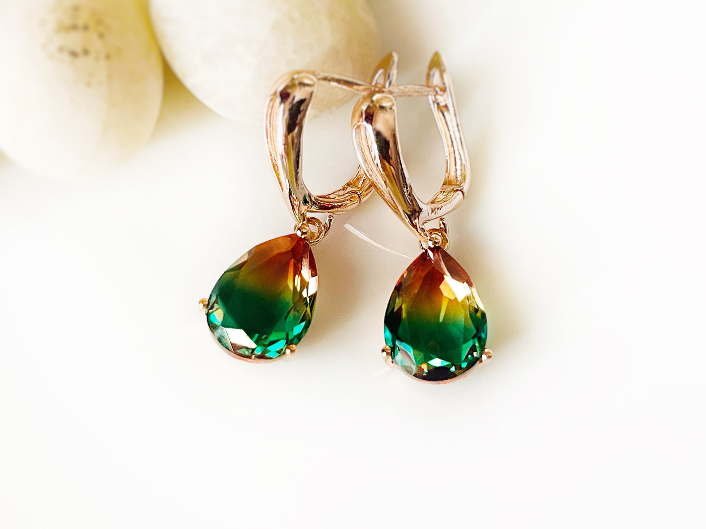 Bicolor tourmaline dangle earring, bicolor green brown tourmaline teardrop earrings, gift for her, gift for mom