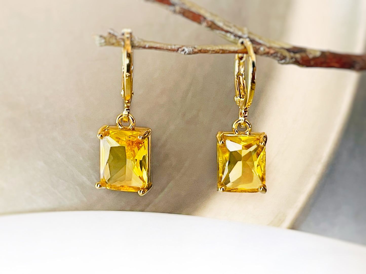 Small citrine emerald cut dangle earrings, yellow rectanglar gemstone drop earrings, gift for her, gift for girls, November birthstone