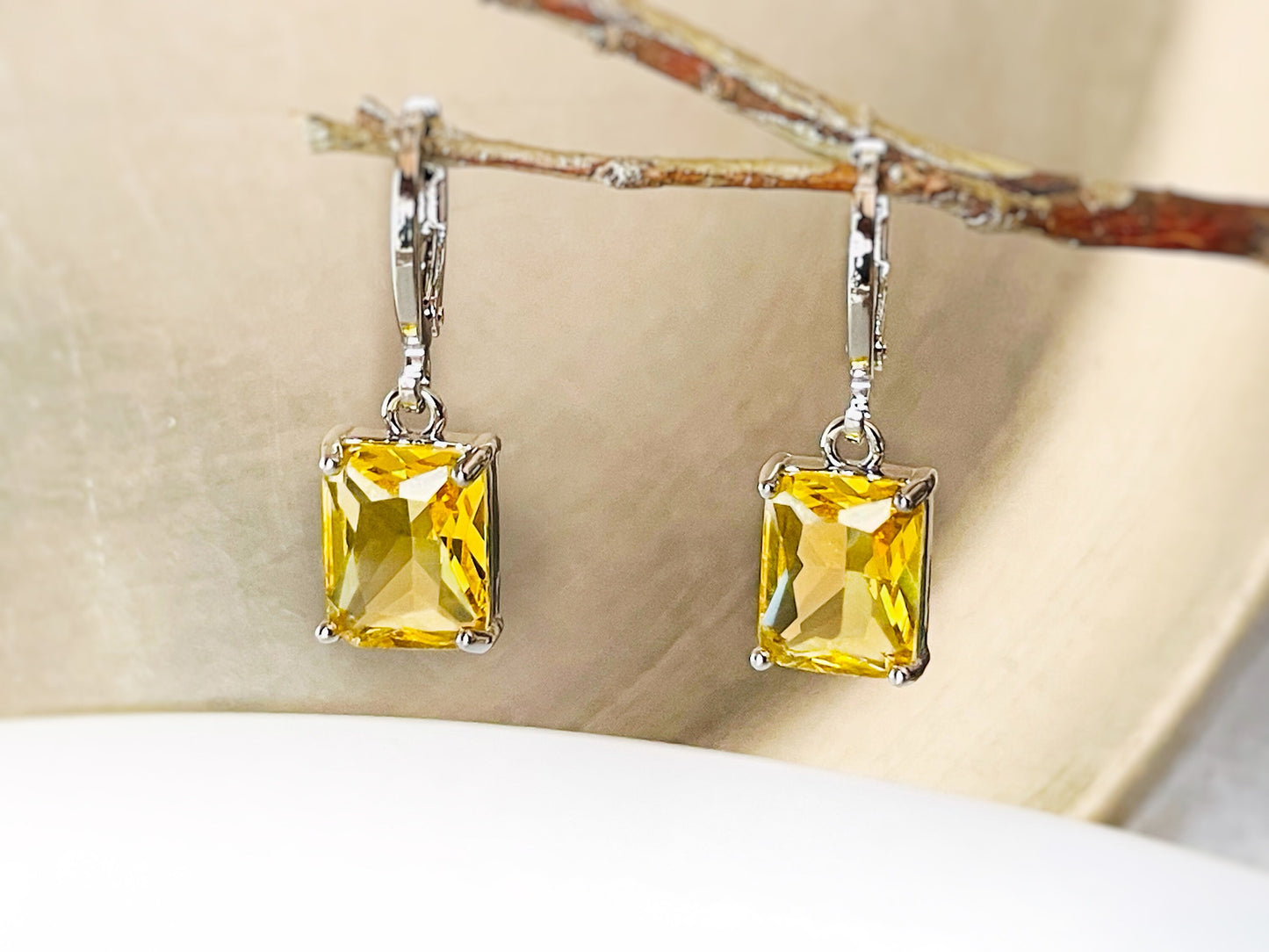 Small citrine emerald cut dangle earrings, yellow rectanglar gemstone drop earrings, gift for her, gift for girls, November birthstone