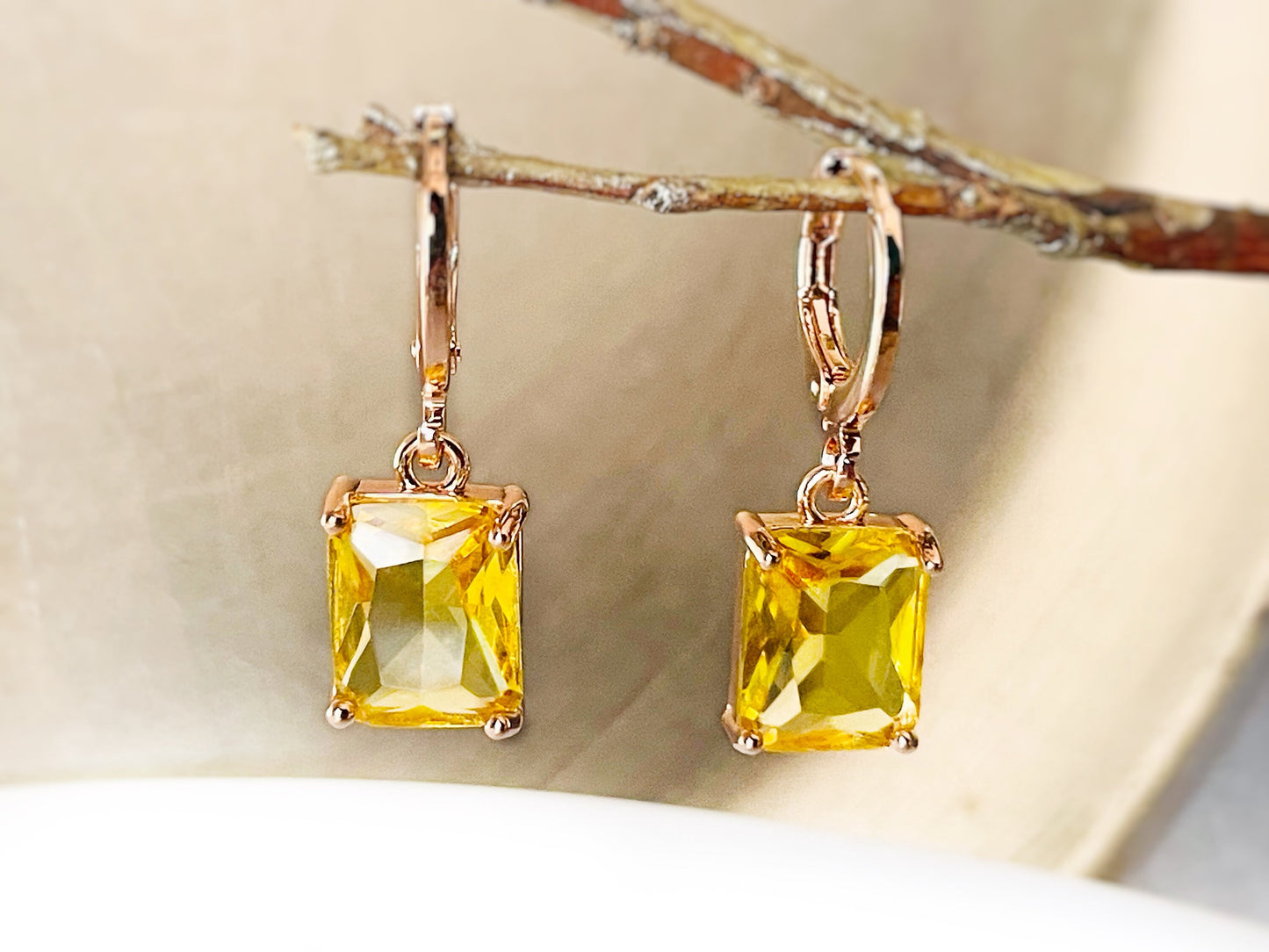 Small citrine emerald cut dangle earrings, yellow rectanglar gemstone drop earrings, gift for her, gift for girls, November birthstone