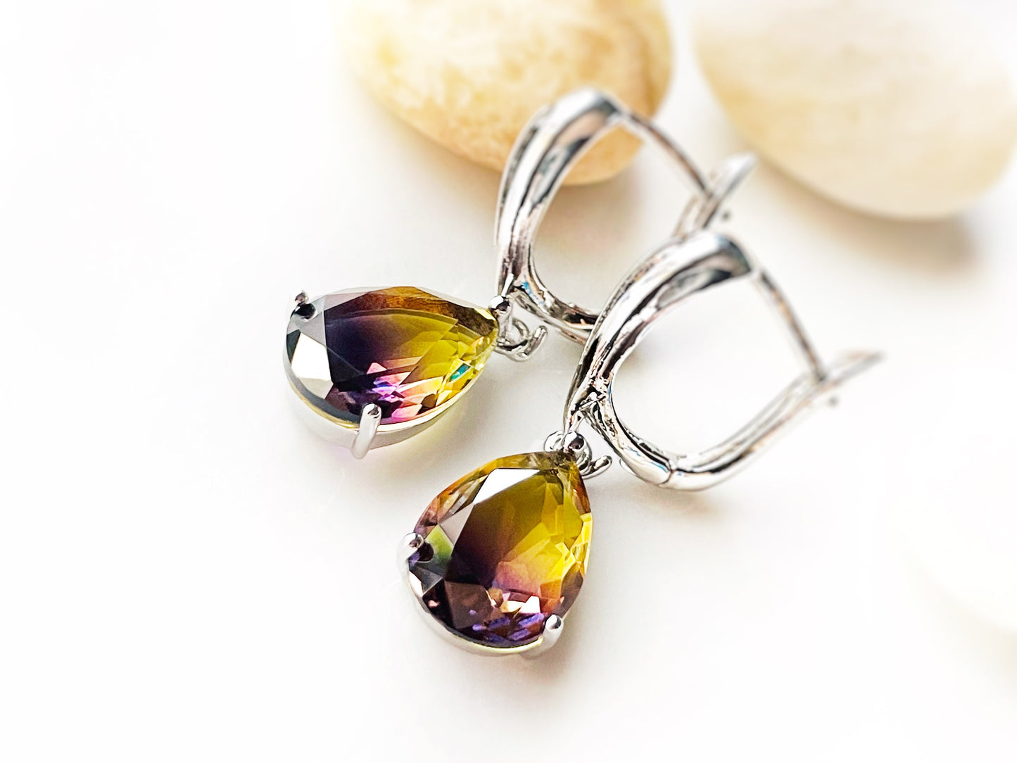 Bicolor ametrine dangle earring, yellow purple tourmaline gemstone teardrop earrings, gift for her, gift for mom, June birthstone