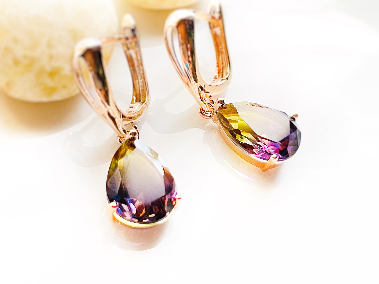 Bicolor ametrine dangle earring, yellow purple tourmaline gemstone teardrop earrings, gift for her, gift for mom, June birthstone