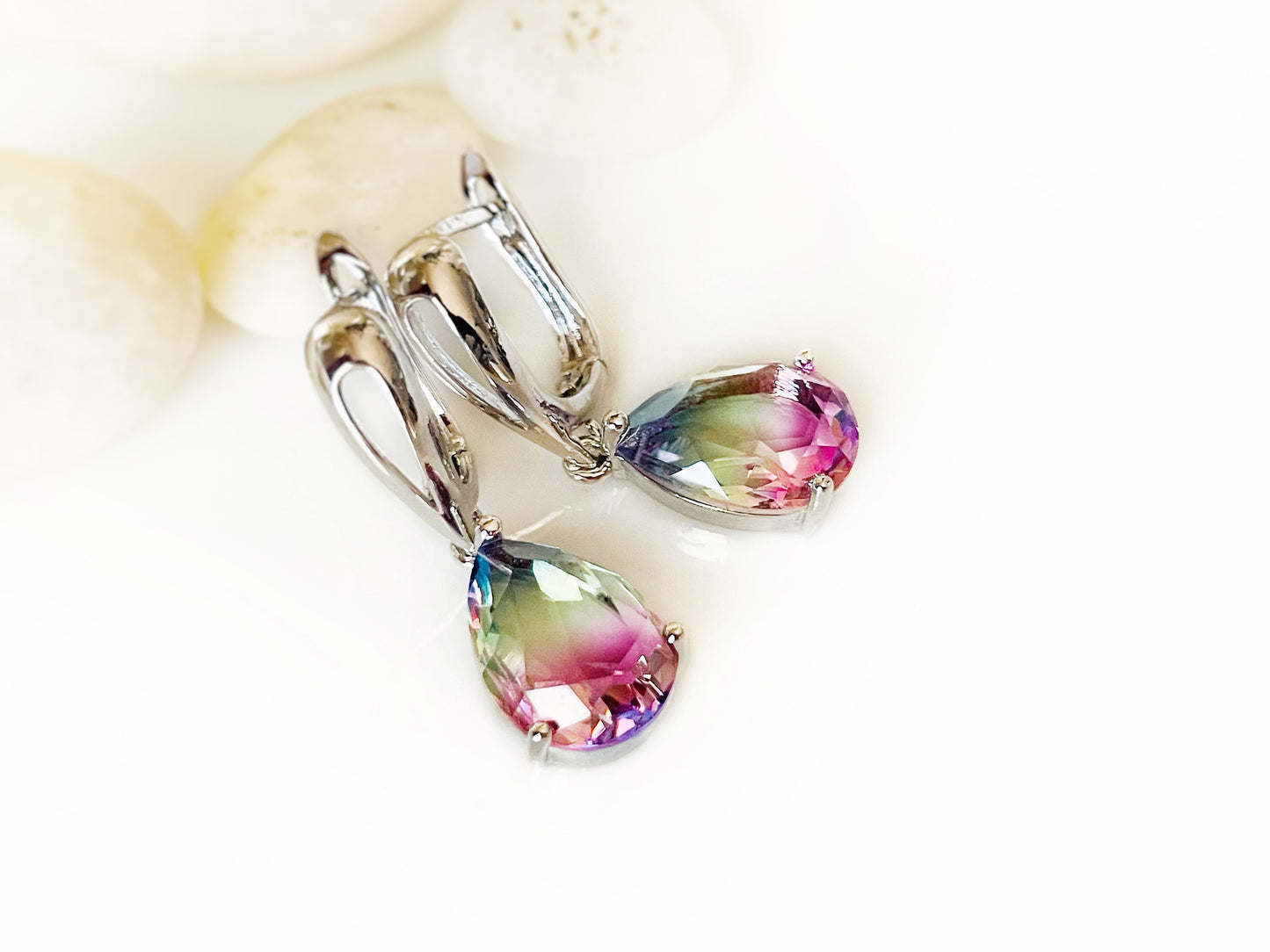 Rainbow tourmaline dangle earring, gradient tourmaline teardrop earring, pastel blue green pink gemstone earring, gift for her, gift for mom