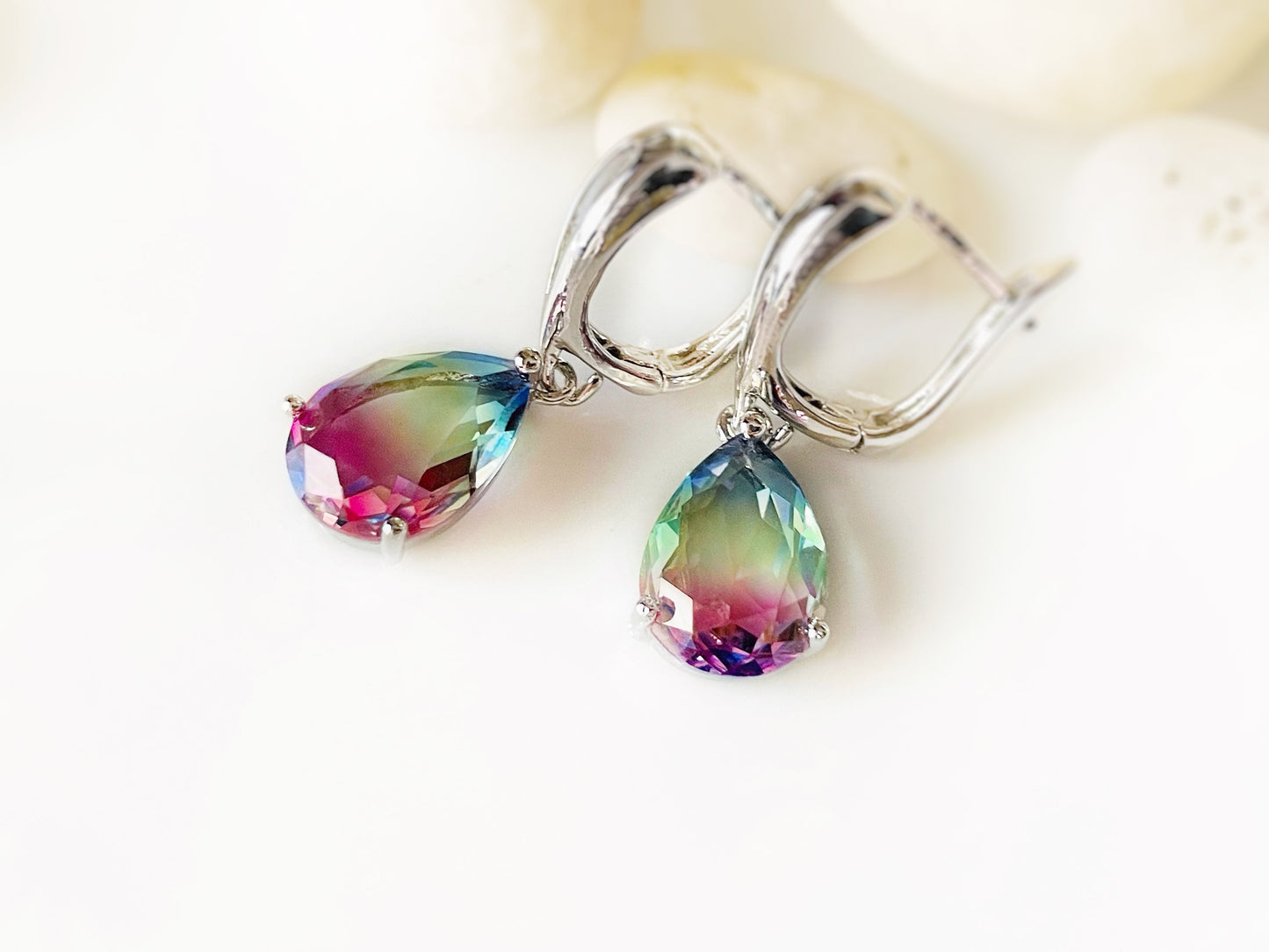 Rainbow tourmaline dangle earring, gradient tourmaline teardrop earring, pastel blue green pink gemstone earring, gift for her, gift for mom