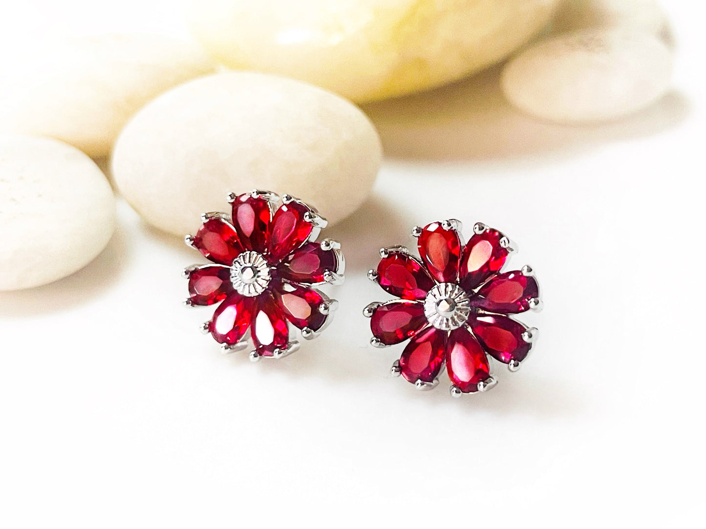 Ruby flower stud earrings 925 silver posts, red gemstone daisy flower stud earrings, July birthstone earrings, gift for mom, gift for her