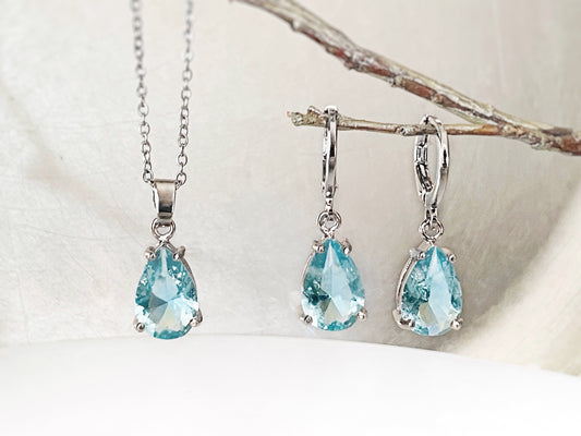 Aquamarine 2pc jewelry set, light blue teardrop gemstone dangle earring necklace set, gift for her, march birthstone, bridal jewelry