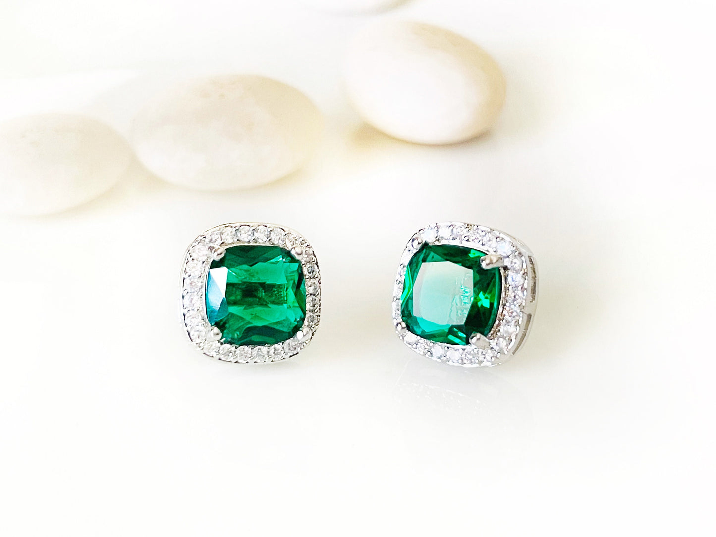 Halo emerald stud earrings princess cut 925 silver post, green and white square gemstone stud, gift for her, gift for mom, May birthstone