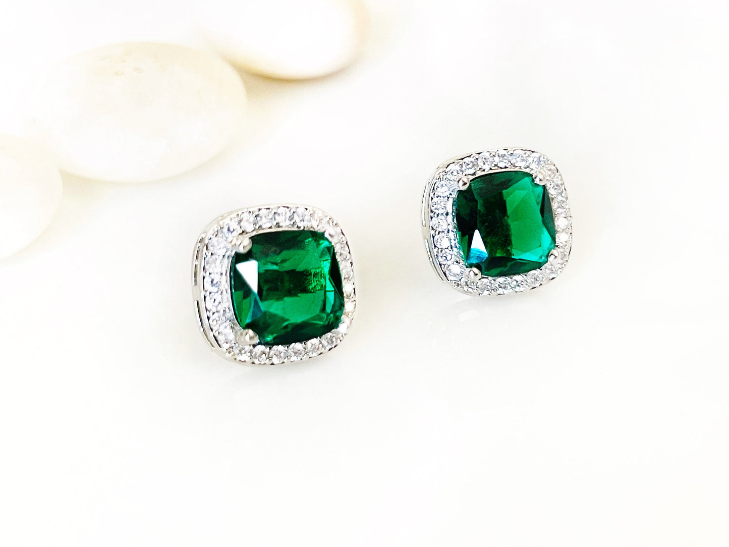 Halo emerald stud earrings princess cut 925 silver post, green and white square gemstone stud, gift for her, gift for mom, May birthstone