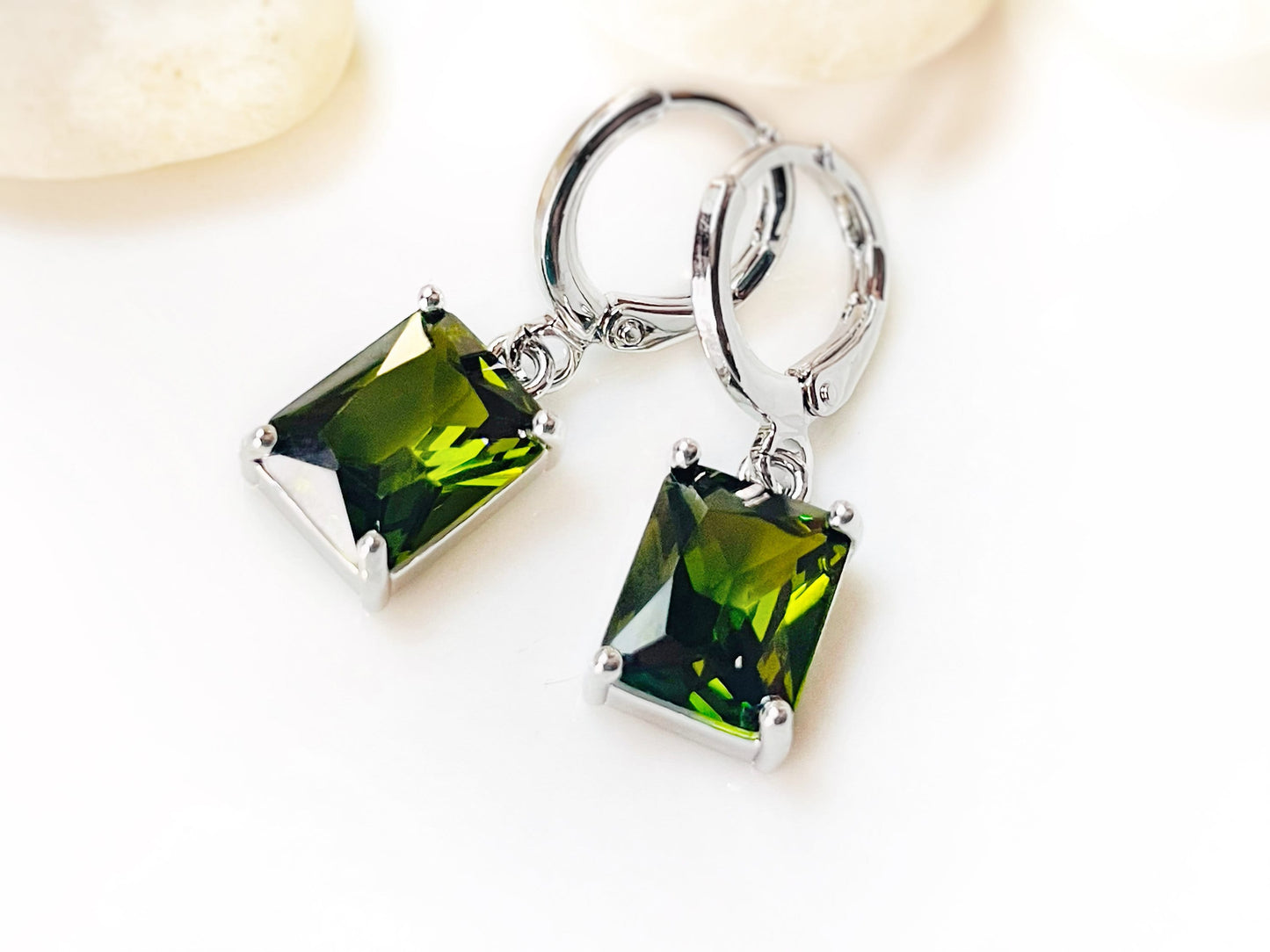 Small emerald cut peridot dangle earring, olive green rectangle gemstone drop earrings, gift for her, gift for girls, August birthstone