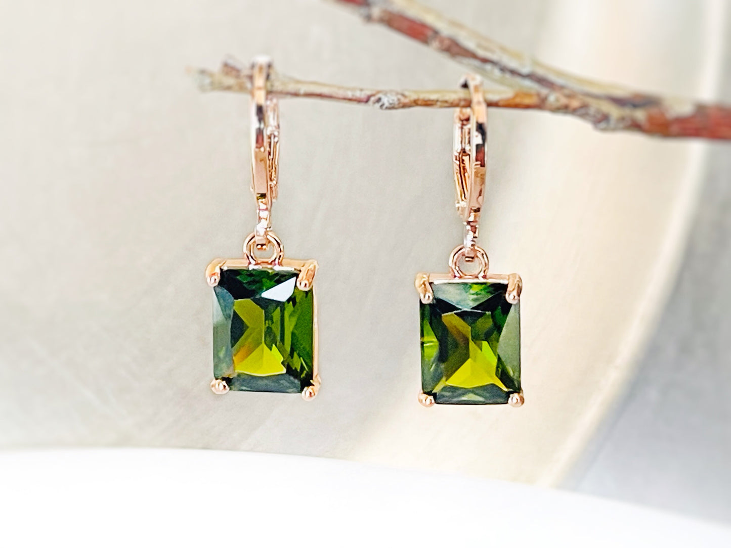 Small emerald cut peridot dangle earring, olive green rectangle gemstone drop earrings, gift for her, gift for girls, August birthstone