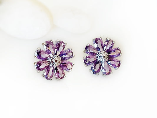 Amethyst flower stud earrings 925 silver posts, purple gemstone daisy flower studs, February birthstone earrings, gift for mom, gift for her