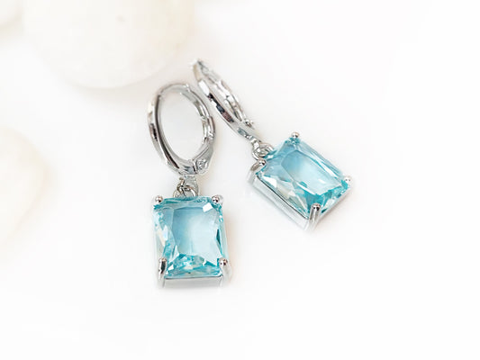 Small aquamarine emerald cut dangle earrings, light blue rectanglar gemstone drop earrings, gift for her, gift for girls, March birthstone