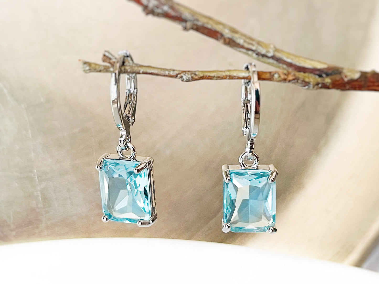 Small aquamarine emerald cut dangle earrings, light blue rectanglar gemstone drop earrings, gift for her, gift for girls, March birthstone