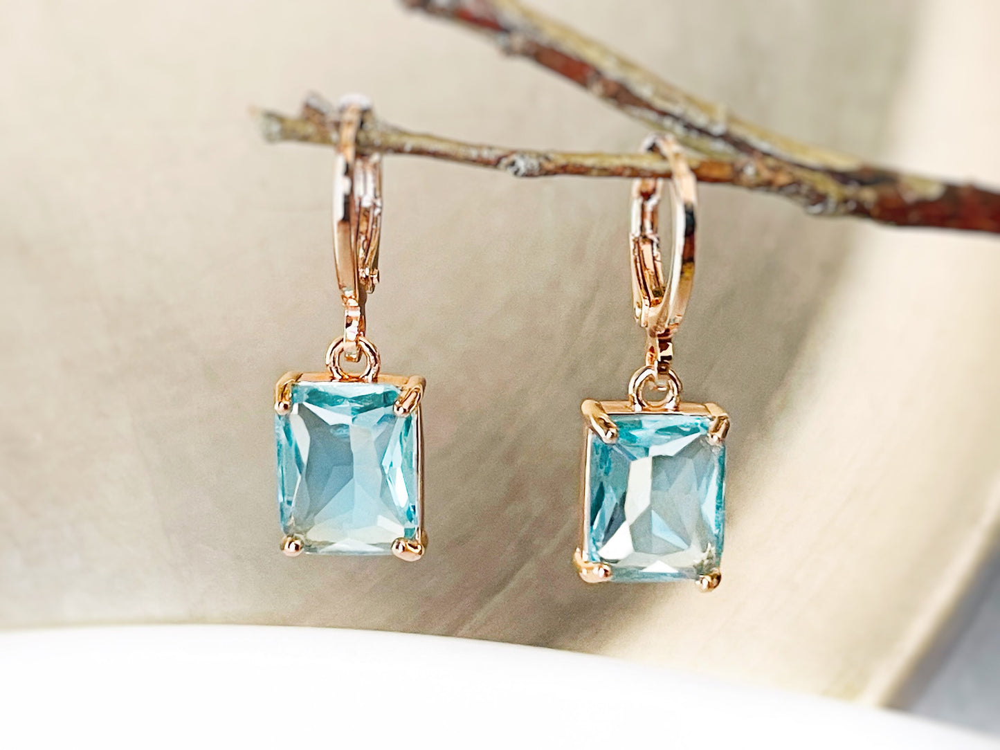 Small aquamarine emerald cut dangle earrings, light blue rectanglar gemstone drop earrings, gift for her, gift for girls, March birthstone