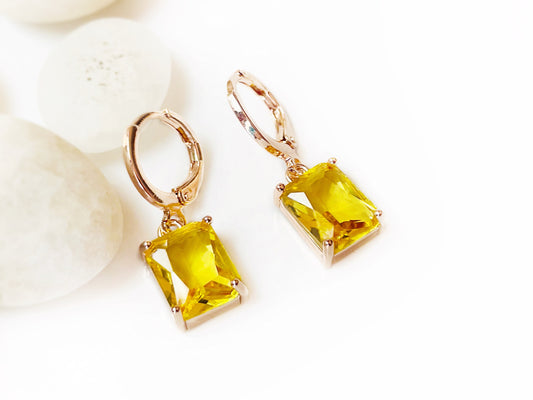 Small citrine emerald cut dangle earrings, yellow rectanglar gemstone drop earrings, gift for her, gift for girls, November birthstone