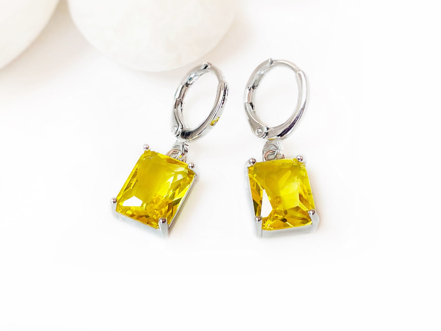 Small citrine emerald cut dangle earrings, yellow rectanglar gemstone drop earrings, gift for her, gift for girls, November birthstone