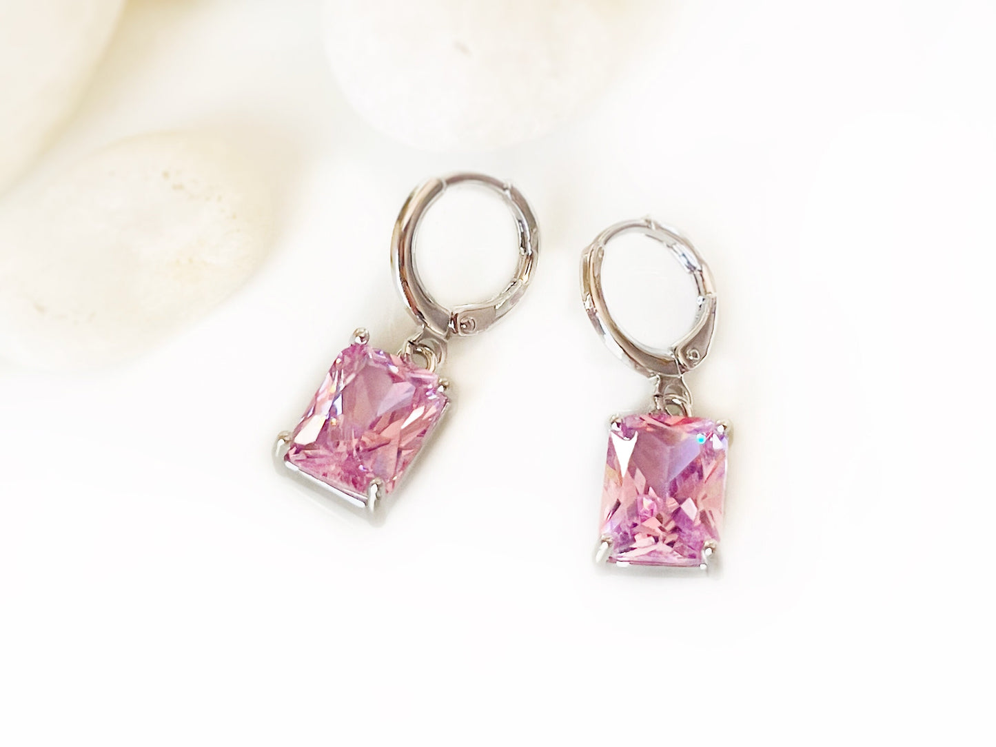 Small emerald cut pink sapphire dangle earring, pink rectangle gemstone drop earrings, gift for her, gift for girls, October birthstone