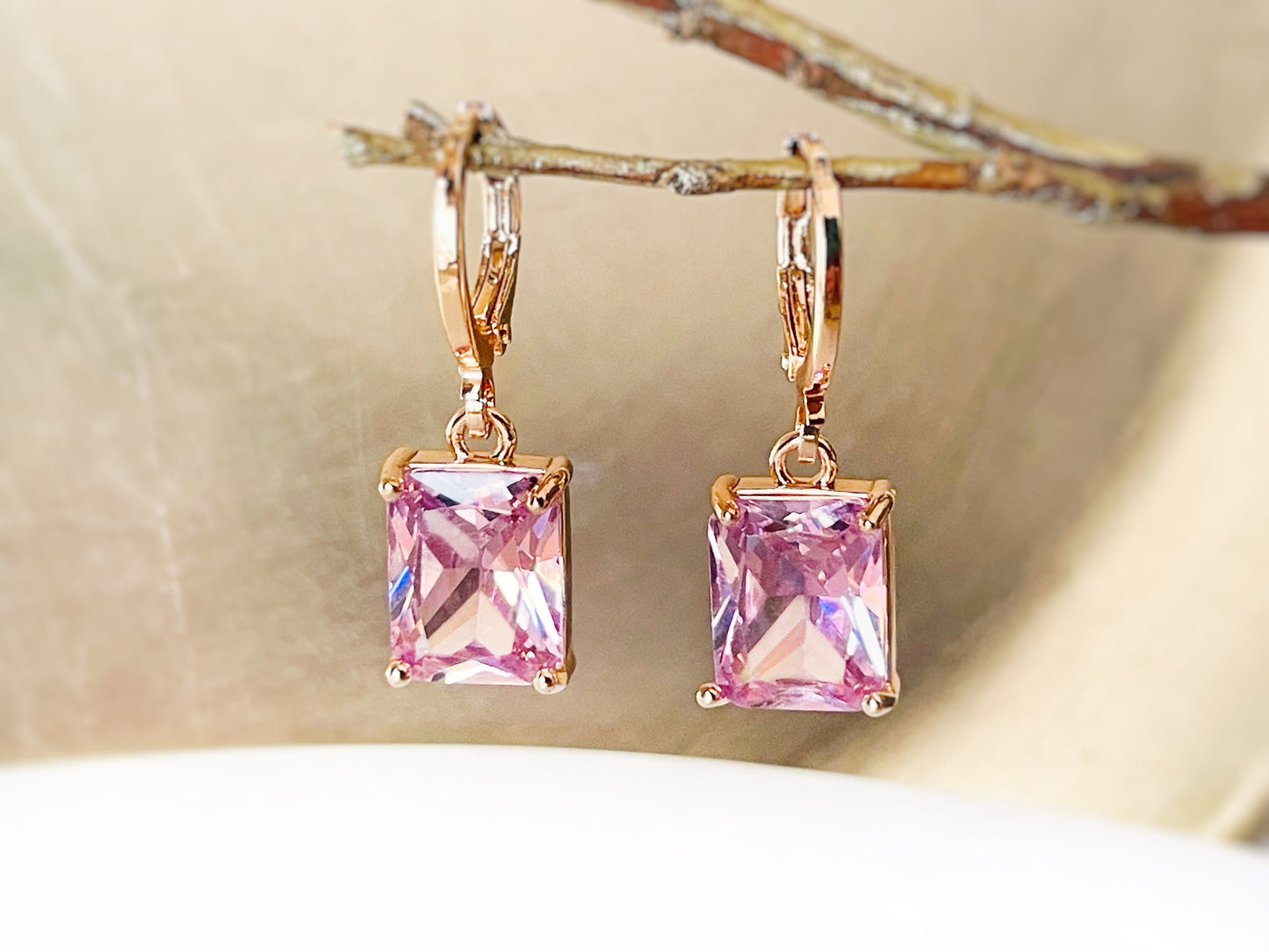 Small emerald cut pink sapphire dangle earring, pink rectangle gemstone drop earrings, gift for her, gift for girls, October birthstone