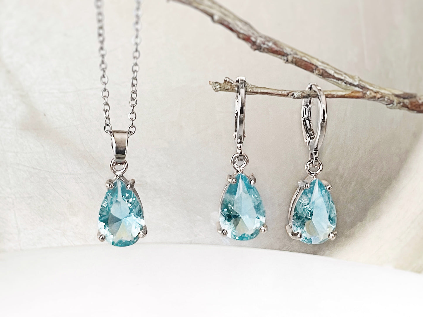 Teardrop gemstone 2pc jewelry set, dangle earring and necklace jewelry set, bridesmaids gift, gift for her, birthstone gift set