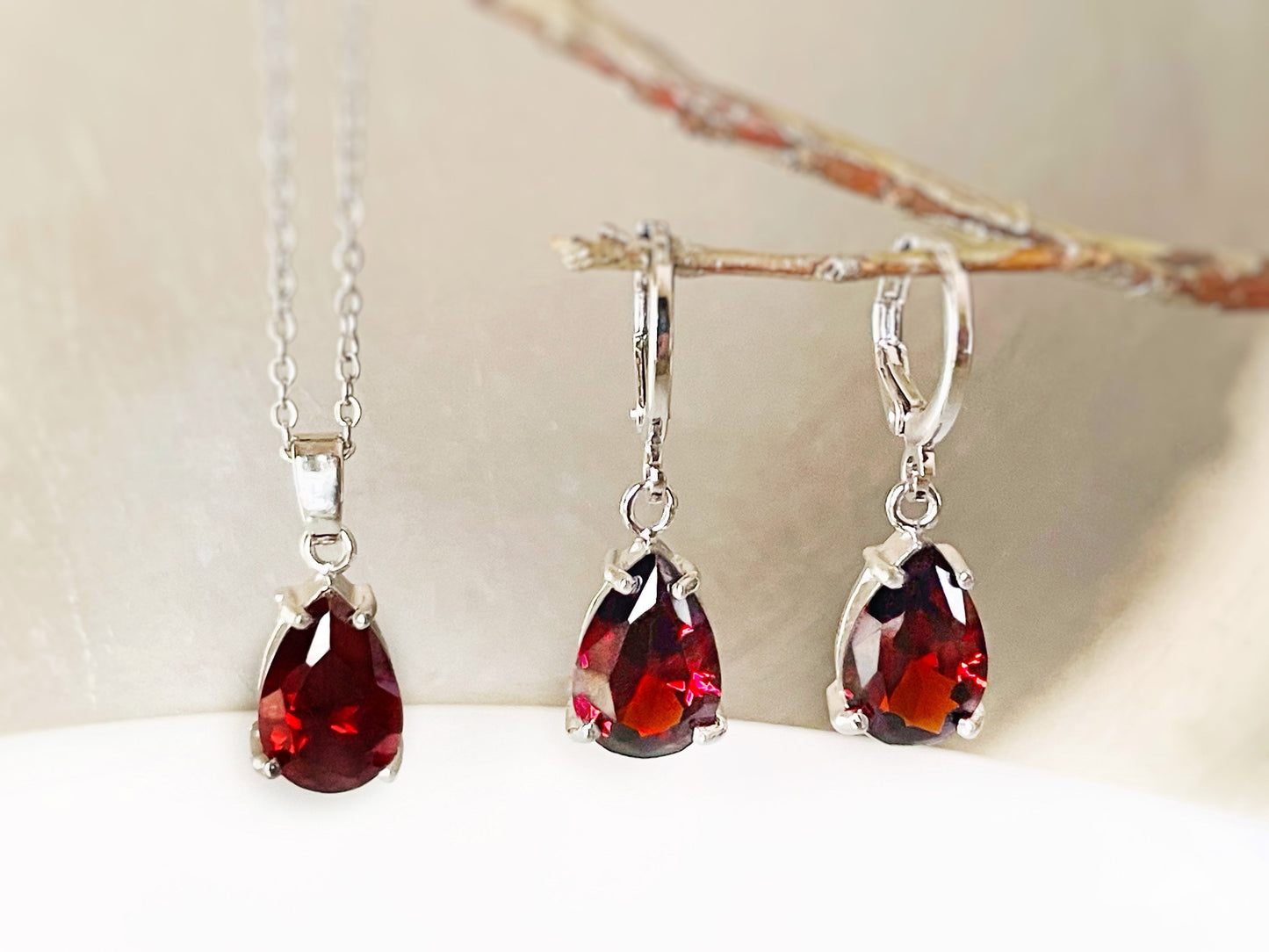 Garnet teardrop 2pc jewelry set, red gemstone dangle earring necklace set, gift for her, gift for girl, January birthstone, bridal jewelry