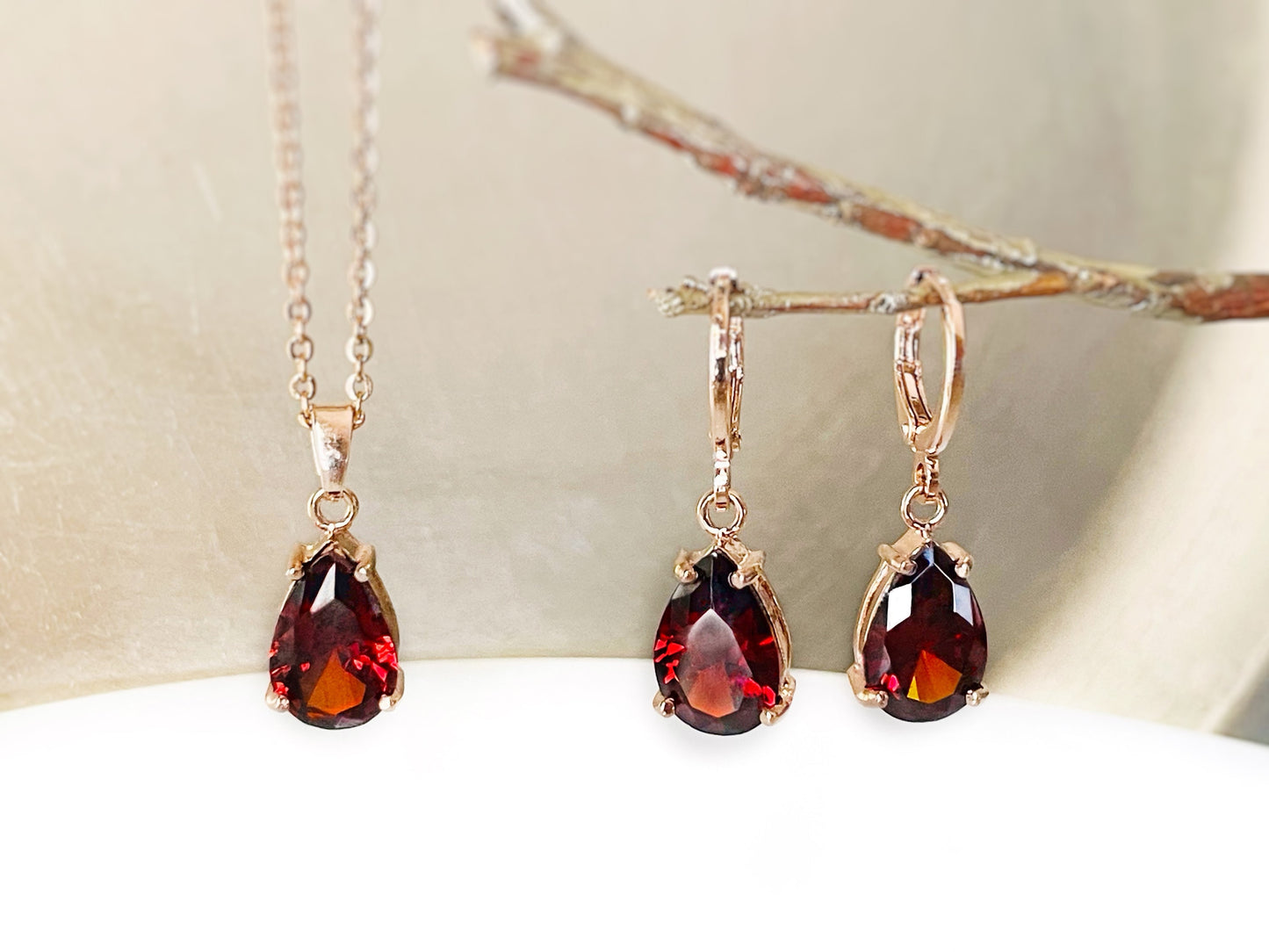 Garnet teardrop 2pc jewelry set, red gemstone dangle earring necklace set, gift for her, gift for girl, January birthstone, bridal jewelry