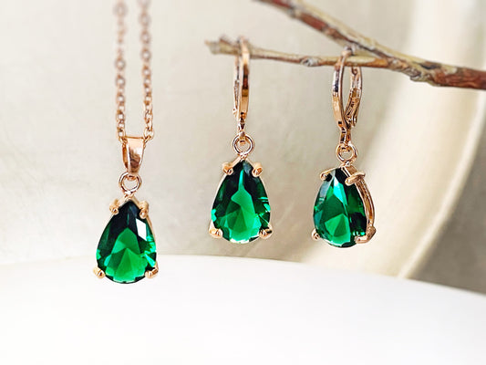 Emerald green teardrop 2pc jewelry set, dark green gemstone dangle earring necklace set, gift for her, May birthstone, bridal jewelry